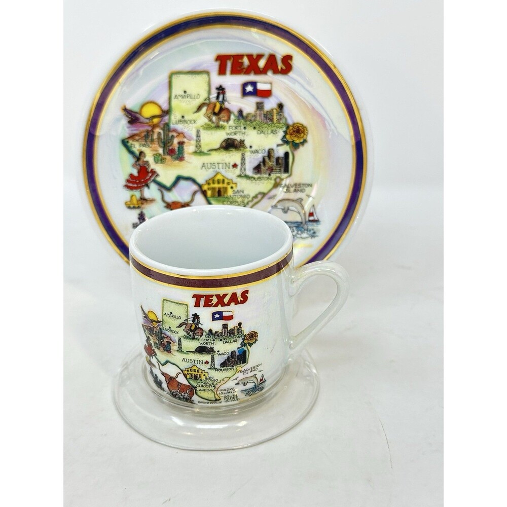 Vintage Texas Souvenir Cup and Saucer Set Map Lusterware Iridescent Decorative
